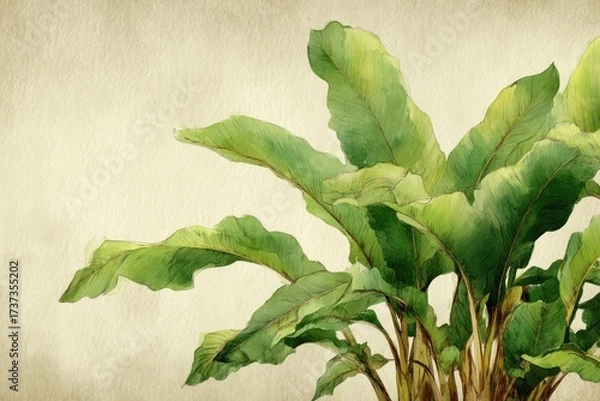 Fototapeta Watercolor illustration of tropical plant with large green leaves on a textured, sepia background