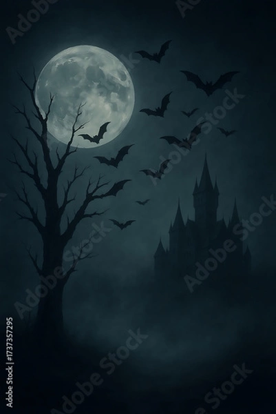 Fototapeta Image of a dead tree with black bats flying around, mist and a full moon, and castles/old buildings in the background.