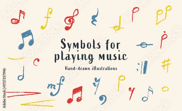 Fototapeta 手描き風カラフル音楽記号イラストセット　赤・青・黄の手描き風で描かれた音符や記号を集めた音楽デザイン素材　音楽教育、学習教材、ポスターや背景デザイン
