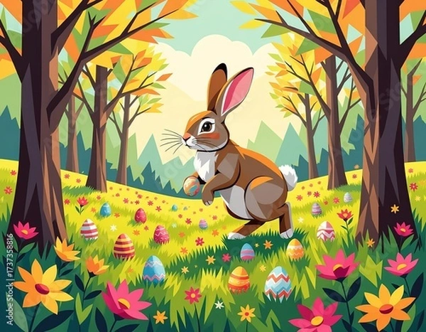 Obraz Playful Easter Bunny Hiding Colorful Eggs in a Flower Meadow Behind the Trees