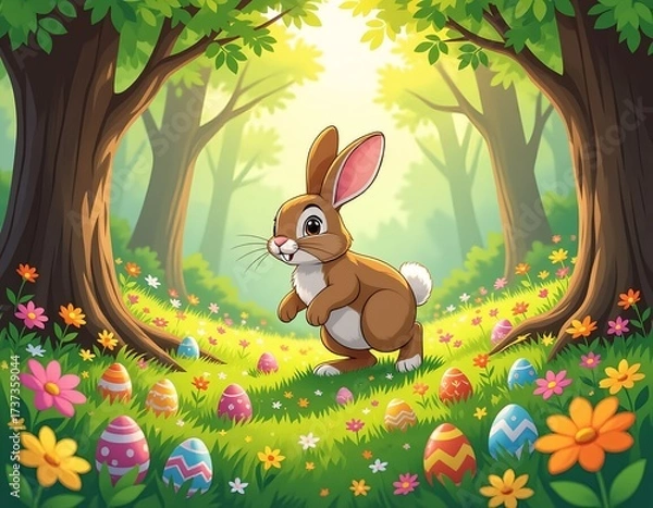 Fototapeta Playful Easter Bunny Hiding Colorful Eggs in a Flower Meadow Behind the Trees