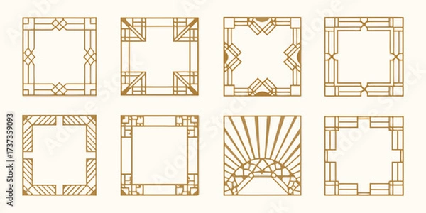 Fototapeta Collection of eight elegant art deco geometric frames and borders in gold on a cream background