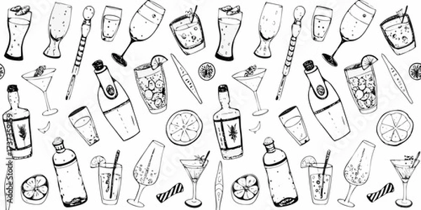 Fototapeta Hand drawn black and white pattern of various alcoholic drinks and bar accessories