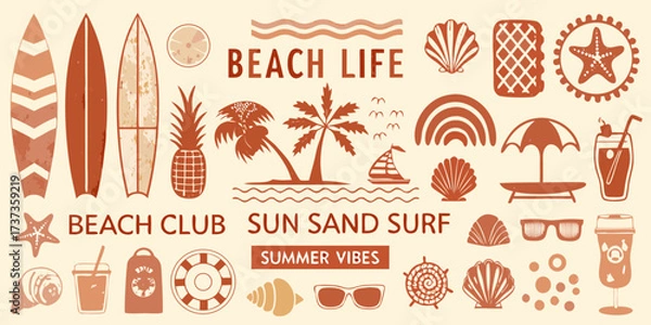 Fototapeta Beach life summer vibes collection with surfboards palm trees and tropical elements