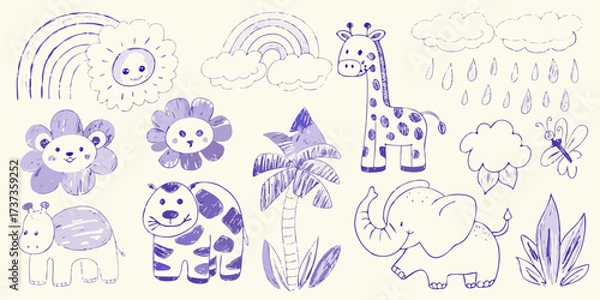 Fototapeta Charming hand drawn safari animals and nature elements in purple outline style