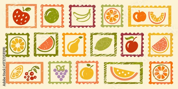Fototapeta Collection of hand drawn fruit illustrations in decorative stamp frames on a cream background