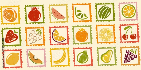 Fototapeta Collection of hand drawn fruit and vegetable illustrations in decorative square frames