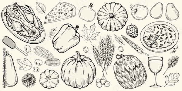 Fototapeta Hand drawn sketch of thanksgiving harvest food and autumn elements on a light background