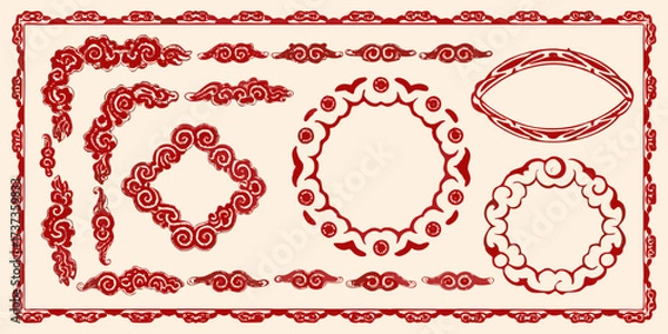 Fototapeta Collection of traditional chinese red cloud ornaments and decorative borders for festive occasions