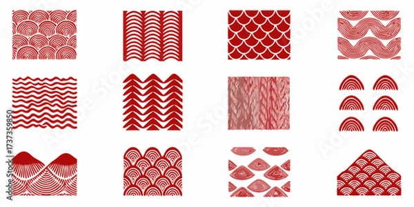 Fototapeta Collection of twelve seamless red and white abstract patterns and textures with organic and geometric designs