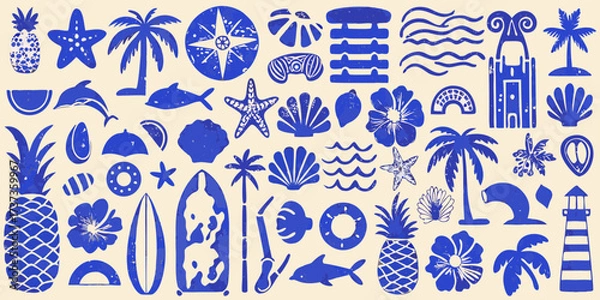 Fototapeta Collection of blue tropical beach and ocean icons and symbols on a cream background