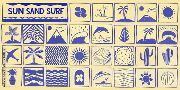 Fototapeta Collection of hand drawn icons representing sun sand and surf in a grid pattern