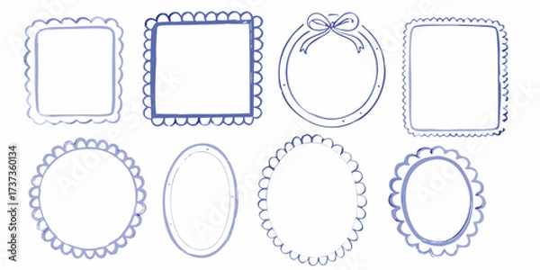 Fototapeta Collection of hand drawn blue watercolor frames and borders with scalloped edges and a bow