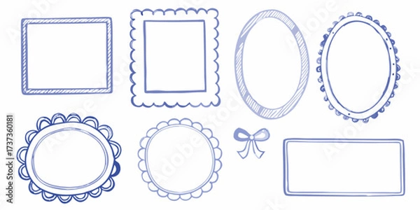 Fototapeta Collection of hand drawn blue watercolor frames and borders with a small bow accent