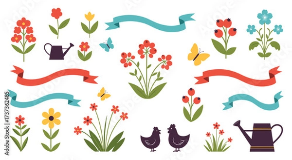 Obraz Collection of colorful spring floral elements and garden decorations for a festive seasonal design.