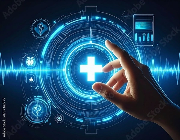 Fototapeta Futuristic Digital Health Interface with Hand Touching Medical Technology Display