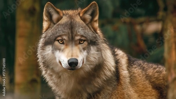 Fototapeta Medium close-up of a Grey Wolf in the forest. The wolf has dense grey-brown fur and a sharp-set face. Amber eyes stare straight ahead. The background is a forest filled with pine trees and dark green 