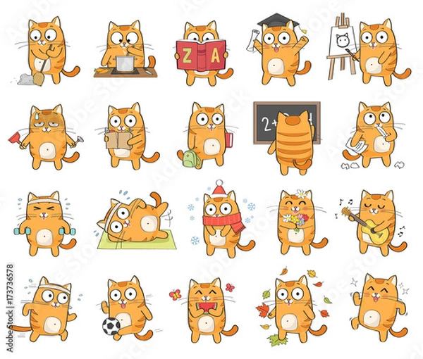 Fototapeta Set of cute cat character with different emotions, isolated on white background