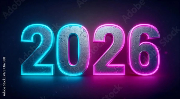 Fototapeta Futuristic glowing 2026 new year celebration concept with neon light numbers, digital technology background, modern holiday design, abstract vibrant typography art for calendar, event, and party theme