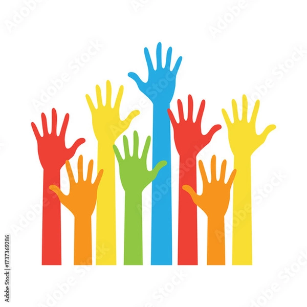 Fototapeta Colorful Raised Hands Symbolizing Community and Diversity.