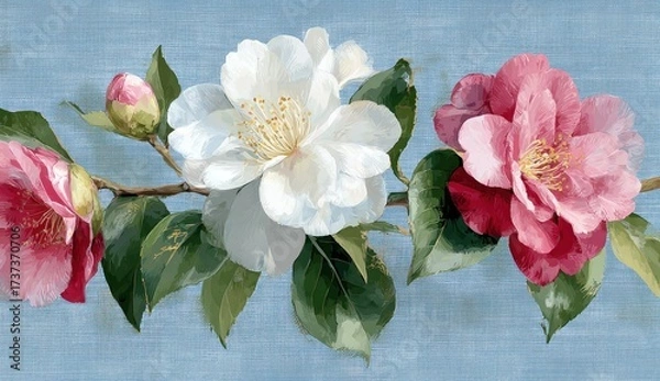 Fototapeta Painting of camellias blooming on a branch, displayed against a textured blue backdrop