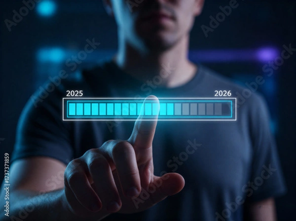 Fototapeta Man touching futuristic progress bar showing transition from 2025 to 2026, digital technology concept for new year change, innovation, countdown, future timeline, modern business visualization
