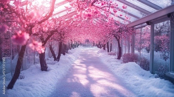 Obraz A serene path surrounded by blooming cherry blossoms leads through a winter wonderland. Nature inspires tranquility and beauty every season. Generative AI