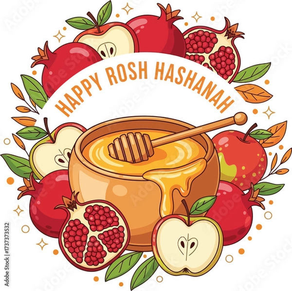 Fototapeta Circular Rosh Hashanah Design: Apples, Pomegranates, and Honey Frame