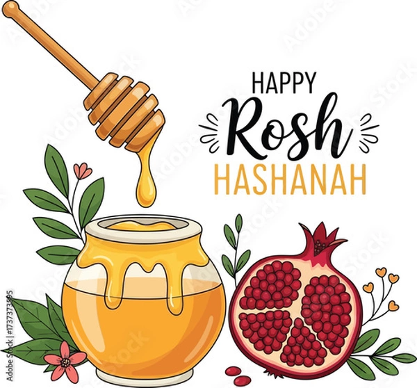Fototapeta Hand-Drawn Rosh Hashanah Greeting with Honey Pot and Pomegranate
