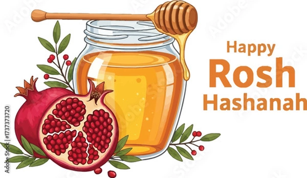 Fototapeta Happy Rosh Hashanah Honey and Pomegranate Graphic