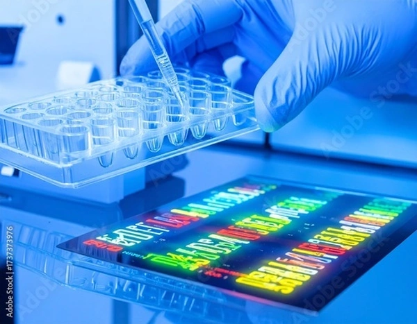 Fototapeta Biotech Laboratory Scene with Pipette and DNA Sequencing Data