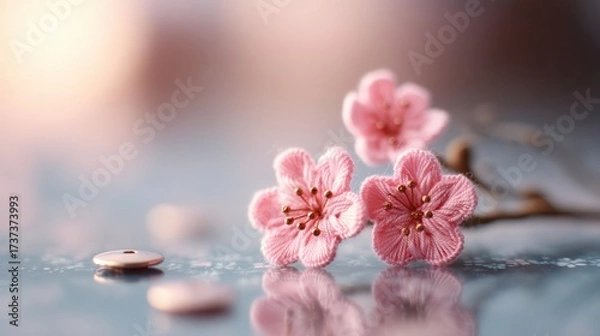 Fototapeta Delicate pink flowers with intricate details, set against a softly blurred background, creating a serene and artistic ambiance.
