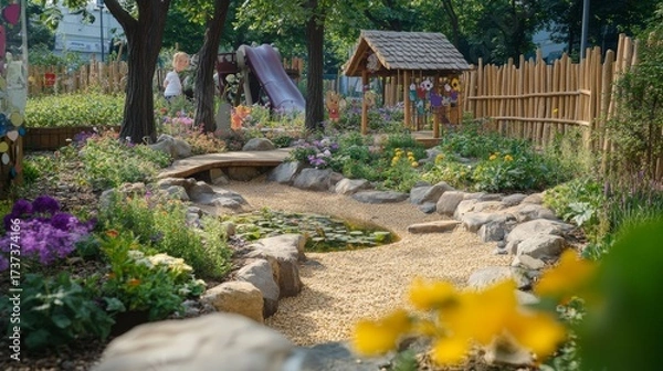 Obraz A beautiful garden path leads to a playful space. Flowers bloom vibrantly beside a wooden playhouse. Nature inspires joy and tranquility. Generative AI