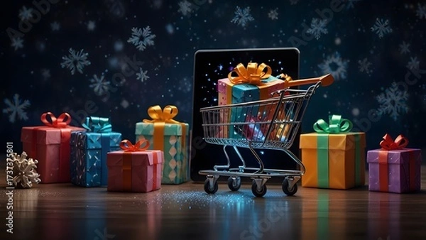 Fototapeta A miniature shopping cart filled with gift boxes and glowing light, sitting on a tablet display with an abstract bokeh background. E-commerce concept