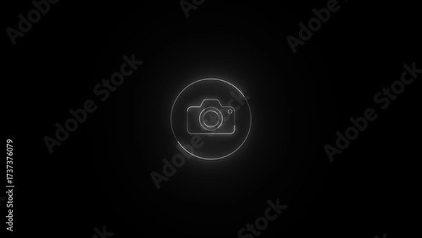 Obraz Neon glowing camera icon illustration on black background.
