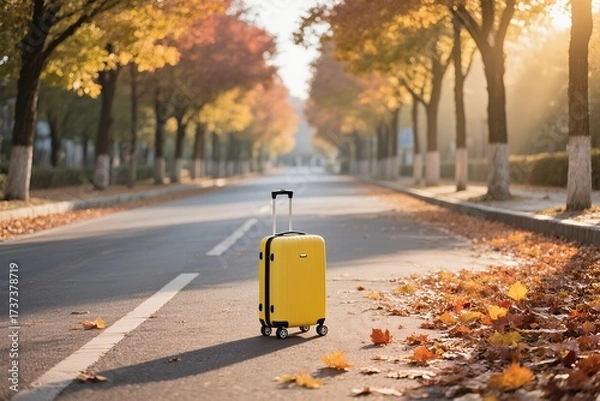 Fototapeta A bright and vibrant yellow suitcase stands alone on a serene autumn road, beautifully lined with colorful trees