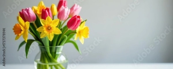 Obraz Vibrant tulips, daffodils, hyacinths in a glass vase, orange, bloom