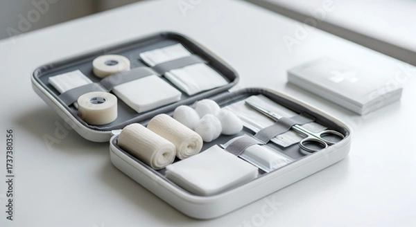 Obraz An Open First Aid Kit on a Dark Background