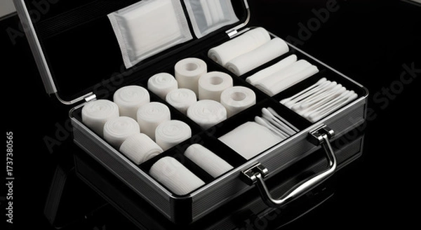 Obraz An Open First Aid Kit on a Dark Background