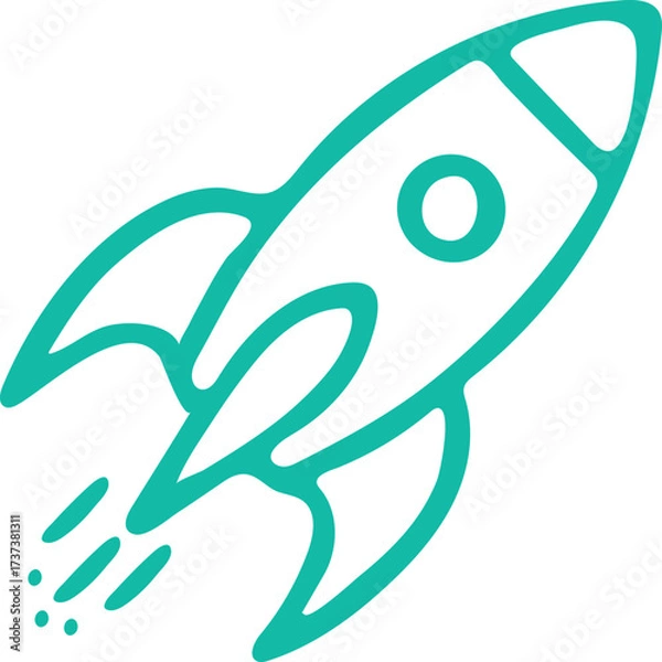 Fototapeta Stylized Teal Rocket Illustration Ascending Quickly With Propulsion Leaving Behind, Expressing Technology Innovation and Business Growth