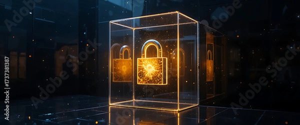 Fototapeta Dark gradient wall on left side, glowing central gold gradient metal 4d lock in glass cube, subtle shimmering reflections, abstract cyber style,