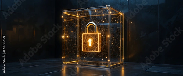 Fototapeta Dark gradient wall on left side, glowing central gold gradient metal 4d lock in glass cube, subtle shimmering reflections, abstract cyber style,