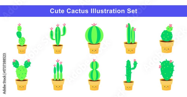 Fototapeta Cute Cactus Illustration Set with Smiling Pots