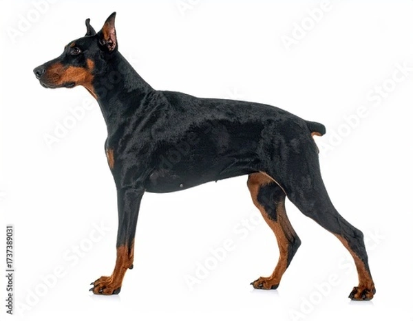 Fototapeta Sleek black and tan dog in a side profile pose against a clean white background