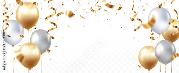 Fototapeta Gold and silver balloons with confetti, new design for Birthday greeting card, banner, and template backgrounds