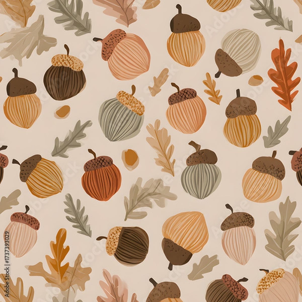 Fototapeta 도토리와 낙엽이 반복된 따뜻한 가을 패턴 일러스트