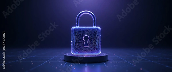 Fototapeta Dark minimalism, central digital 3D lock in shimmering glass, gradient violet-blue backdrop with faint network grids.
