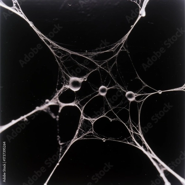 Fototapeta Eerie spiderweb with dew drops glistening against a stark black background, perfect for Halloween designs or showcasing intricate natural patterns