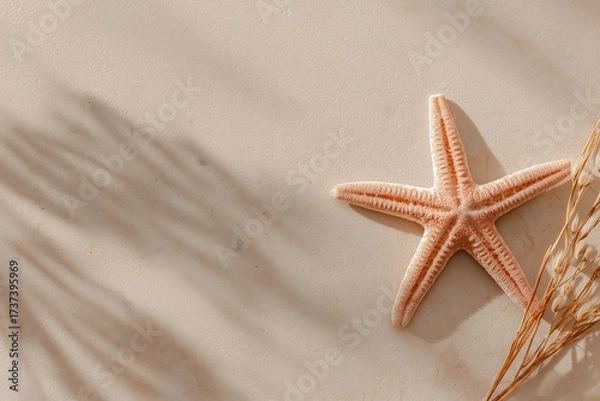 Fototapeta Starfish rests on smooth surface with soft shadows and dried grass nearby creating a serene beach-inspired scene