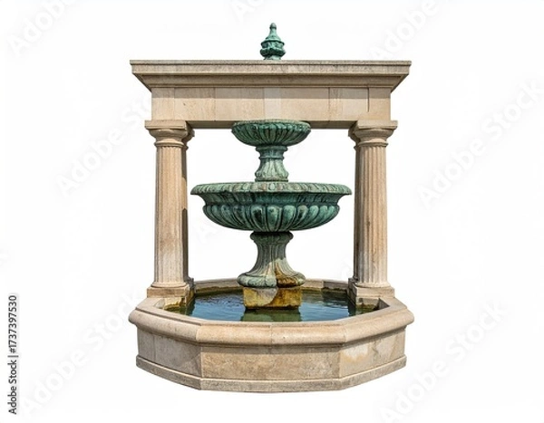 Obraz Stone fountain with aged bronze basins, surrounded by pillars, against a white backdrop